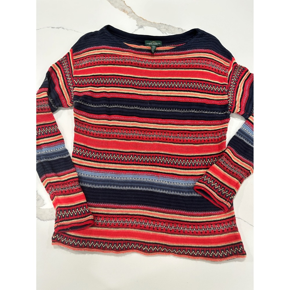 LRL Ralph Lauren Striped Knit Sweater Women's Size S Red Blue‎ Cotton Blend